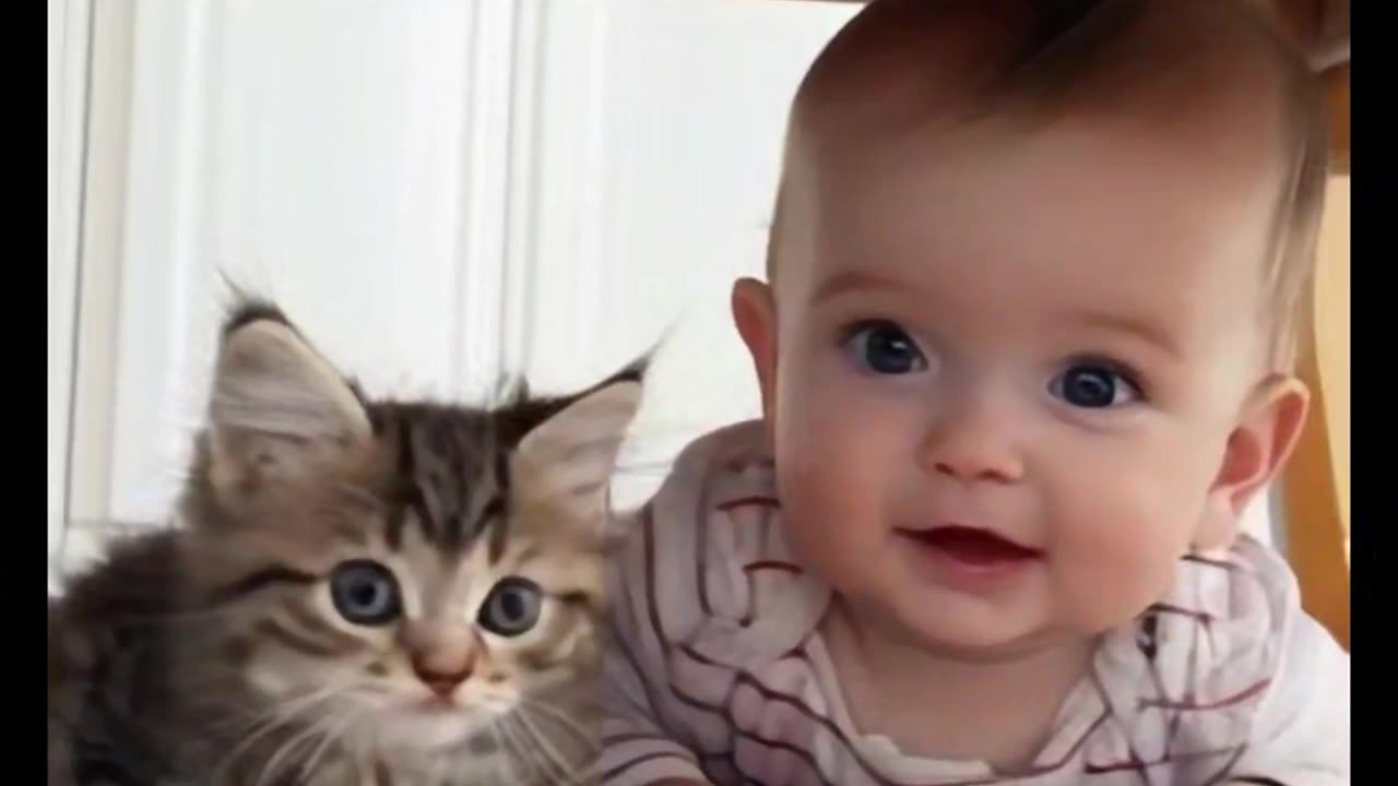 Cat and baby cute playing