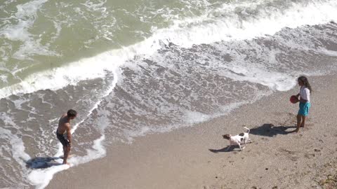 Beach lovers . Playing on the beach with Mr. dog