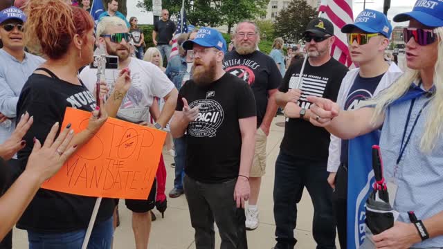 Beardson Beardly Pressed By AF MAGA Boomer Lady At Anti Coof Mandate Rally Springfield