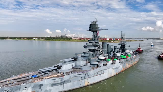 Battleship Texas USS Texas Move Being Towed to Drydock