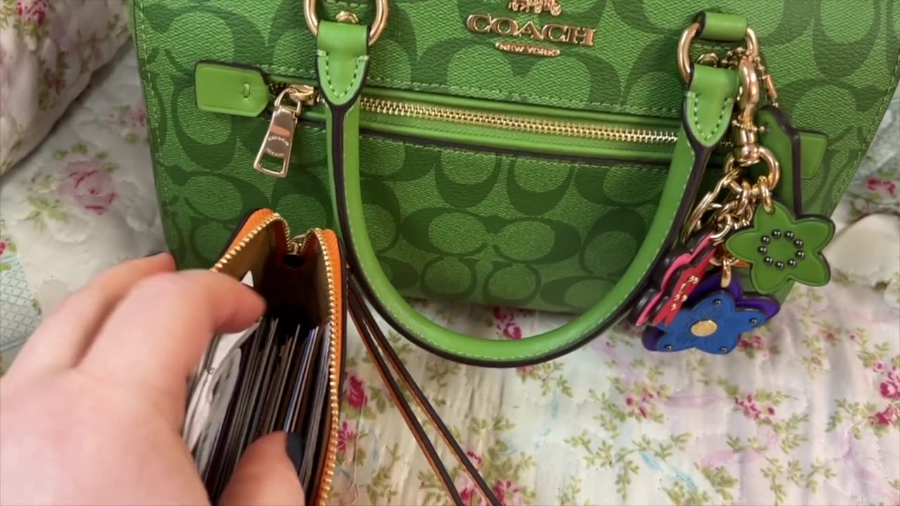 What's in my Coach Rowan Bag in Neon Green & Accessories. Color Block