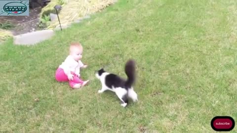 Babay and cat play and laugh funny vedio