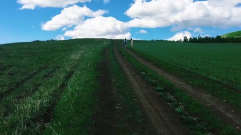 Two kids are flying a kite