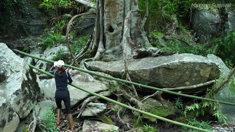 Fishing with bamboo spikes - Build an emergency shelter by the stream _ Bushcraft survival