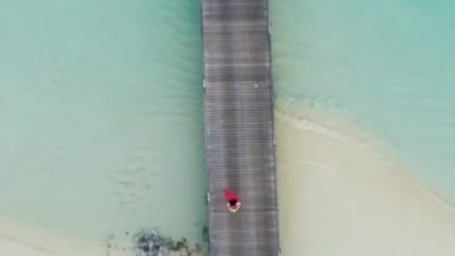 Woman waving from a pier at the beach