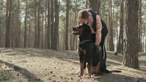 Little girl kisses her dog in the park