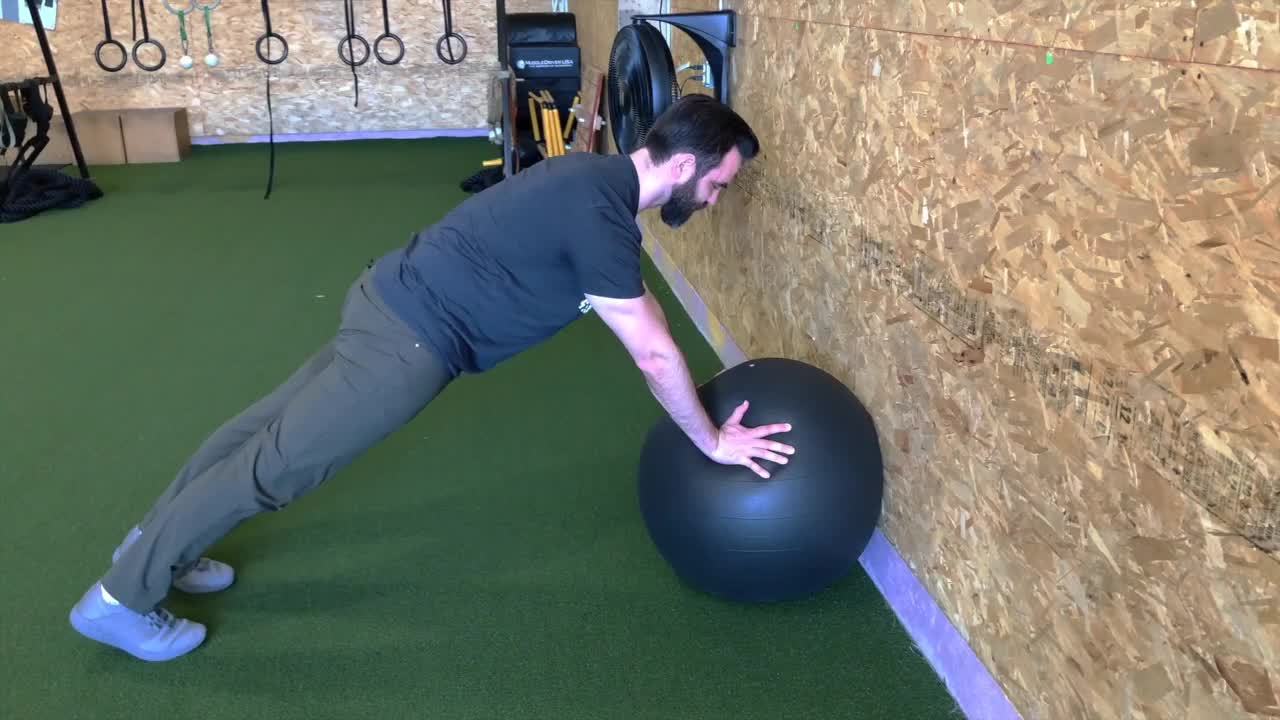 Stability Ball Yoga Pushup To Wall With Title