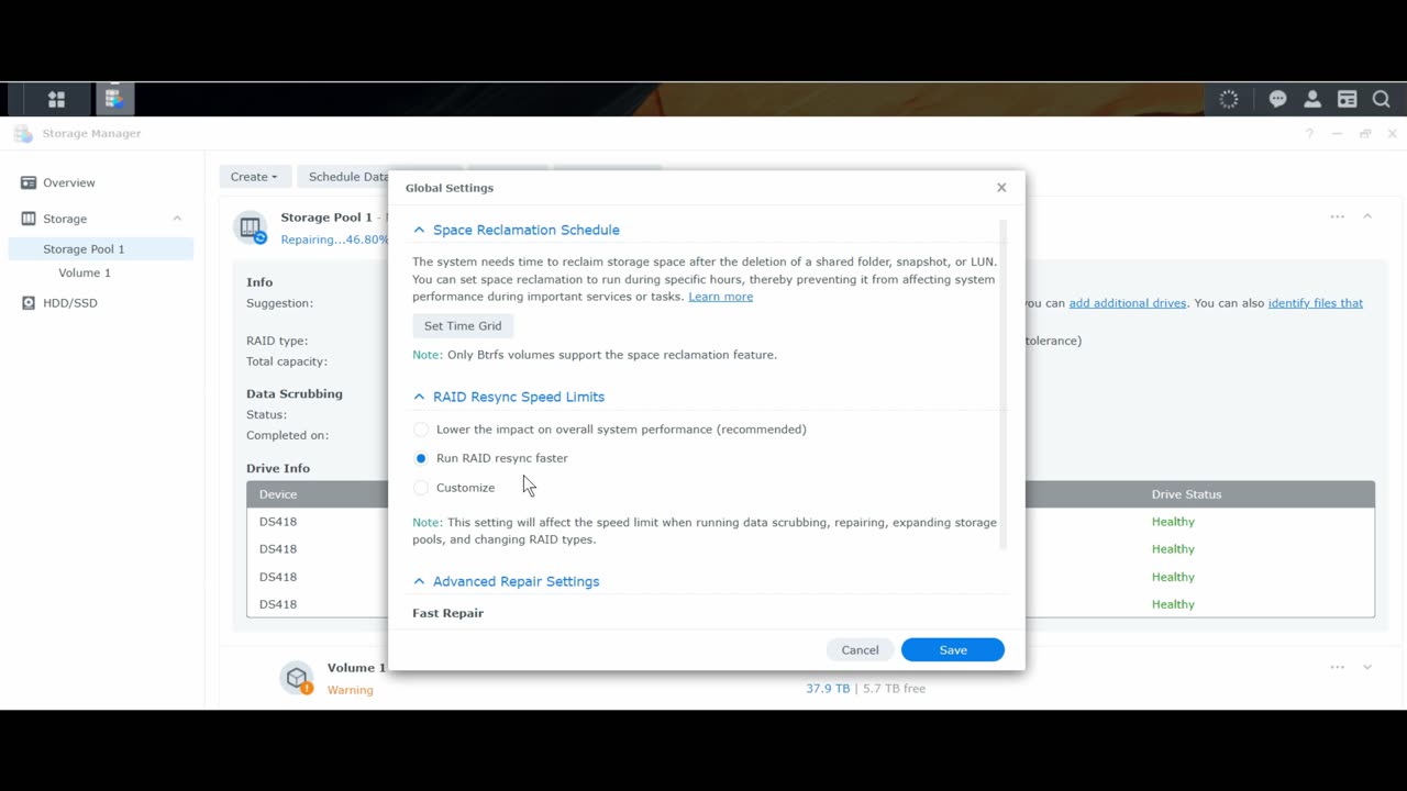 Synology NAS DS418 DSM increase Speed Up Make Faster Storage Pool Repair Progress Time it Takes