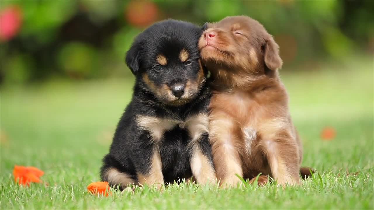 Cute twin puppies playing in the ground