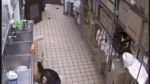 Dunkin’ donuts manager climbs up a shelf