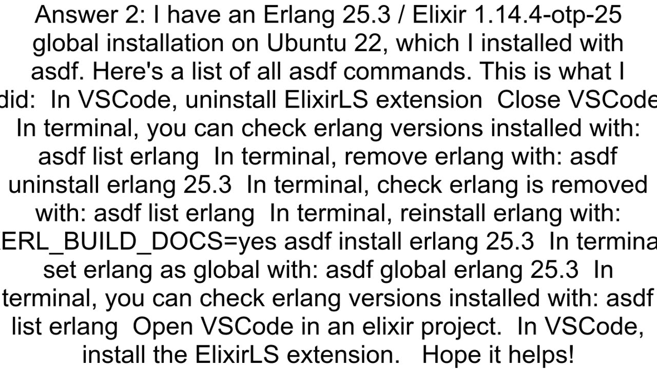 how to fix vscode extension elixirls alert quotOTP compiled without EEP48 documentation chunksquot