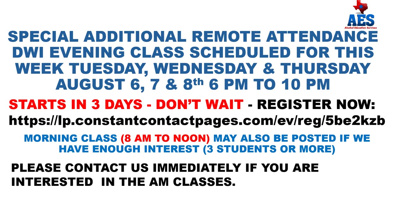 SPECIAL ADDITIONAL CLASS SCHEDULED STARTS IN 3 DAYS - MUST REGISTER ASAP