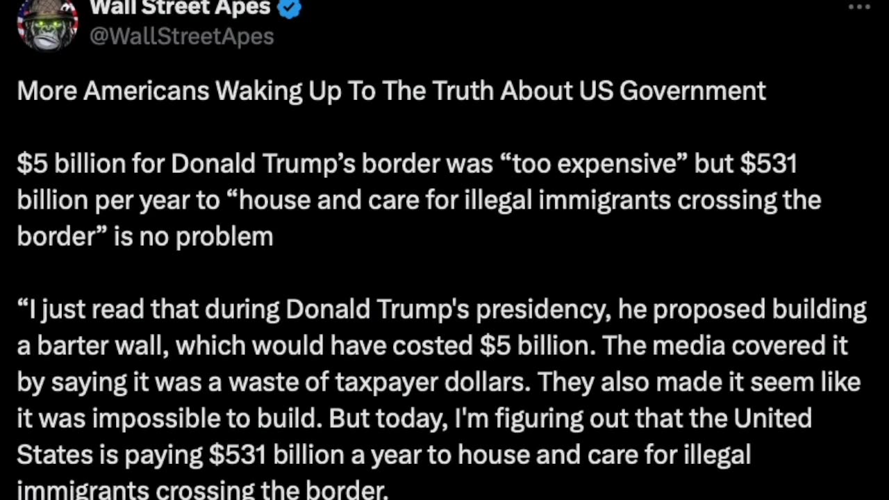 $5B To Build The Wall Was Too Expensive. Now, Gov't Pays $531B/year To Care For Illegals
