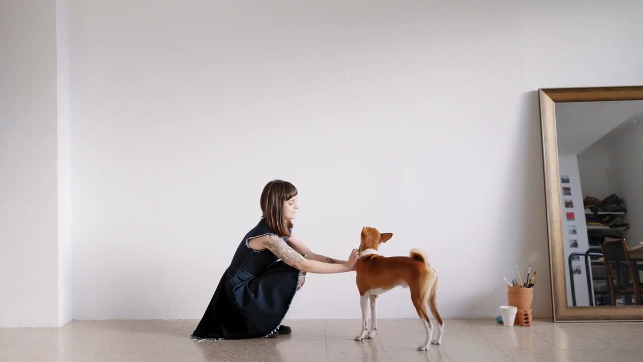 Best friends a teenage girl in a dress and her cute dog pet communicate and high