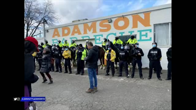 97 cops to stop someone from getting steak sandwich in Toronto.