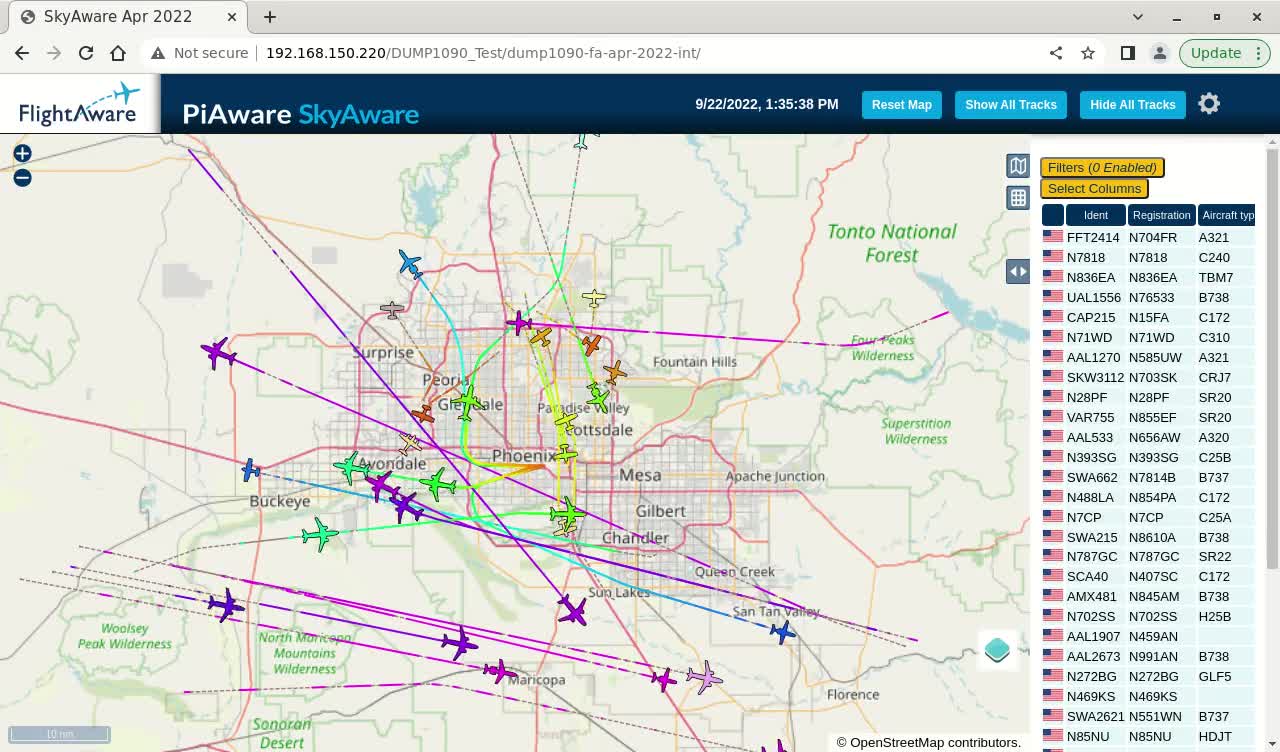 Sept 23rd 2022 time lapsed phoenix air traffik with piaware and linux