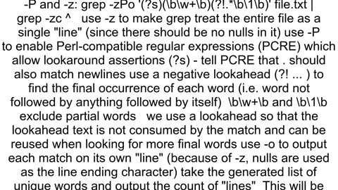 Get the count of unique words in a file using grep and wc