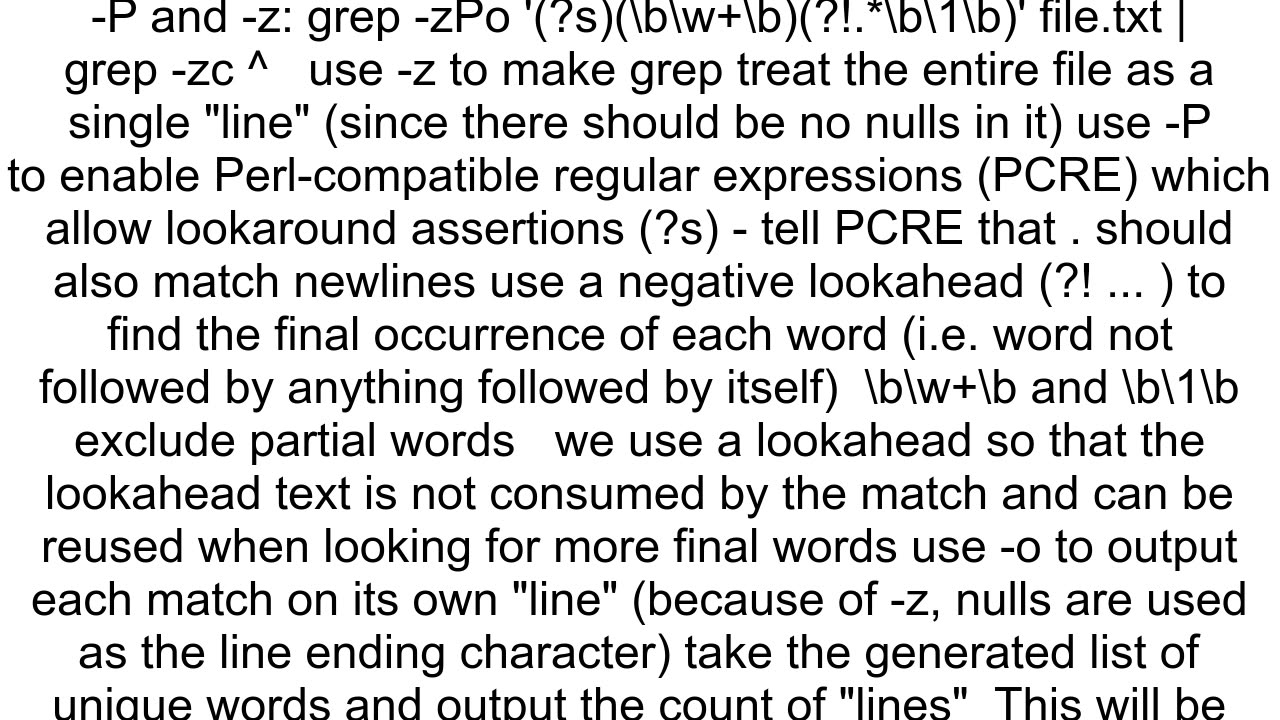 Get the count of unique words in a file using grep and wc