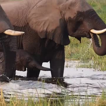 Baby eliphant swimming across the river with mum