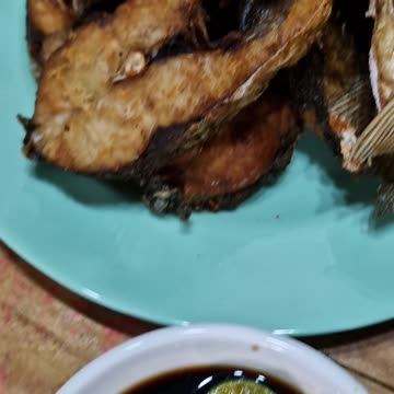 Filipino Breakfast, Fried Bangus, Camote leaves salad and Okra