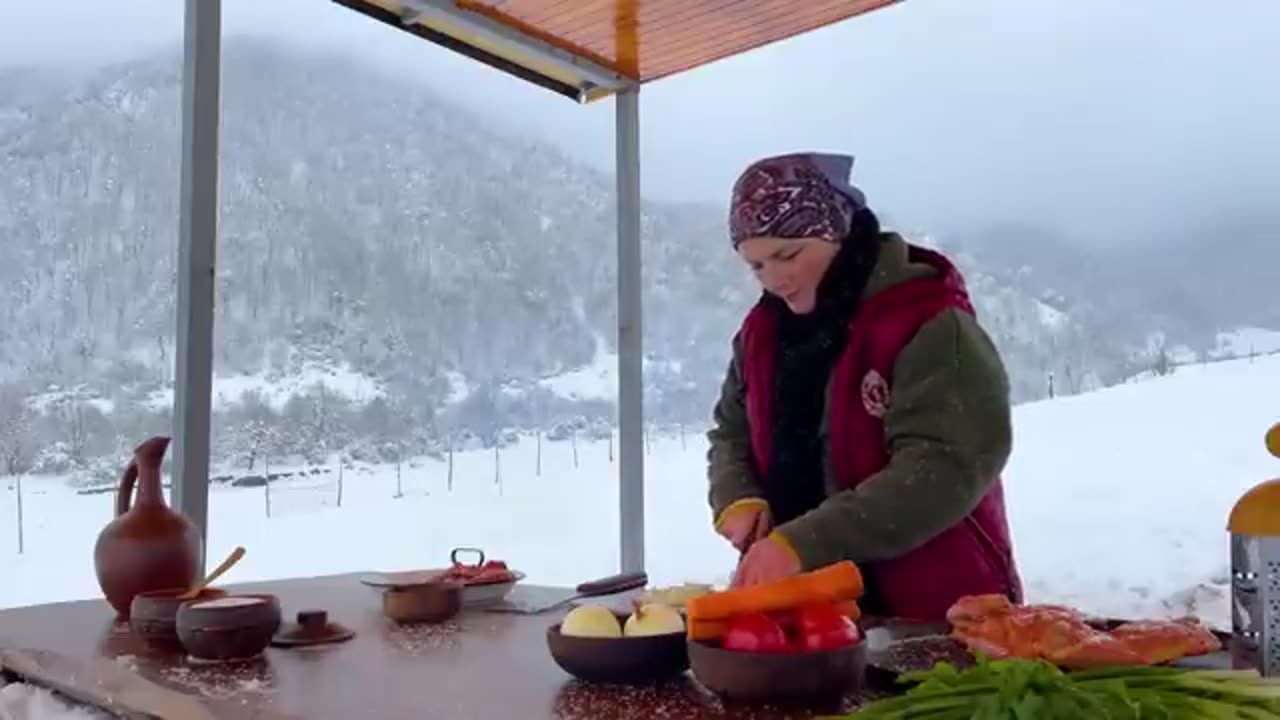 Roasted GUINEA FOWL in Wilderness Snowy Mountains - Relaxing Cooking