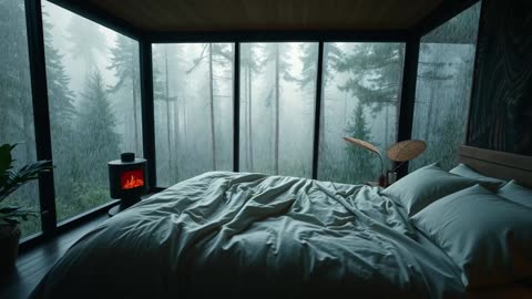 Calm Atmosphere in Bedroom With Fireplace - Forest Rain and Piano Music for Stress Relief Relaxation