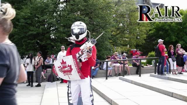 Booster Man: Costumed super-hero at James Topp arrival War Memorial