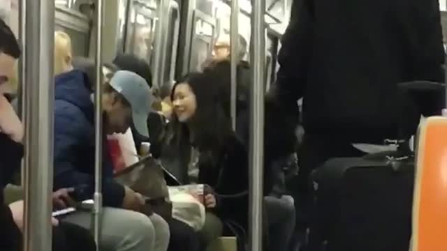 Homeless man on train says he needs money for karate lesson on subway