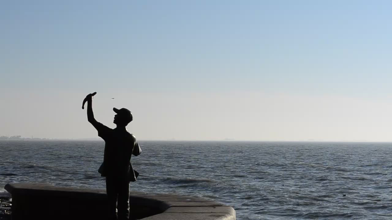 Coast with a statue, birds and sea waves