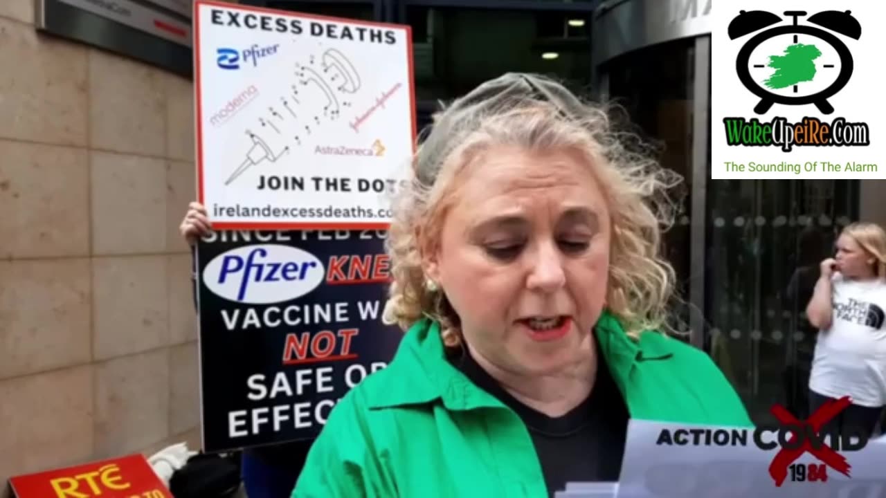 June 2023: Edel reads our letter outside Newstalk FM Studios in Dublin. Excess Deaths Campaign.