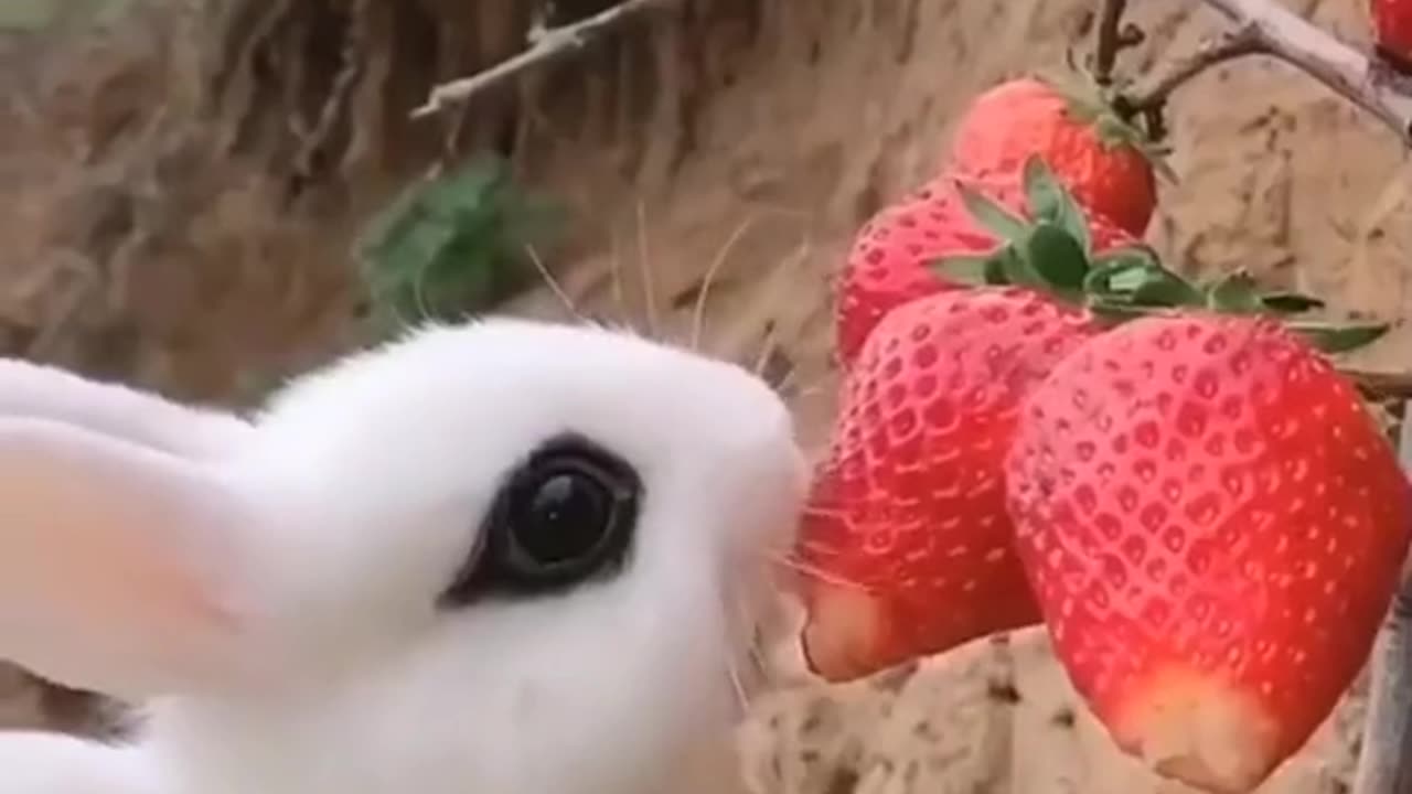 Rabbit is eating strawberry