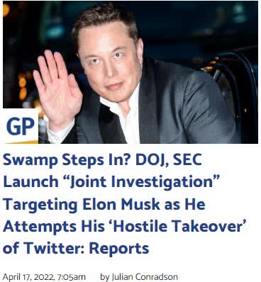 Political Nazi terrorist group trying to extort musk at the SEC and DOJ. To intentionally break the law of the constitution specifically the first amendment, in an act of war on Musk and American citizens. Swamp Steps In? DOJ, SEC Launch “Joint Investig