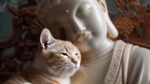 A cat fawning over a statue