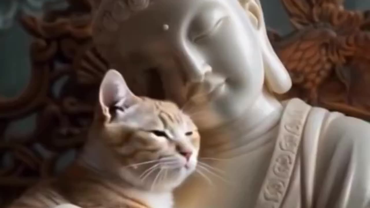 A cat fawning over a statue