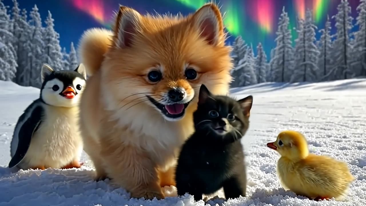 Arctic Playtime: A Puppy, Kitten, Penguin, and Duckling Frolic Under the Northern Lights!