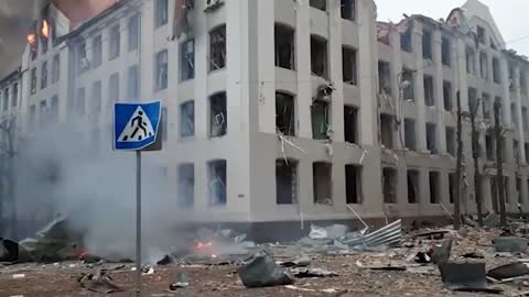 Fire rages at crumbling Ukrainian building after latest Russian attack