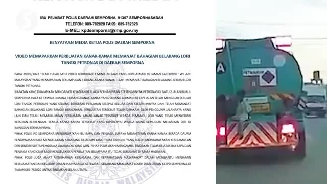 Video of boys clinging onto moving tanker in Sabah circulated on social media