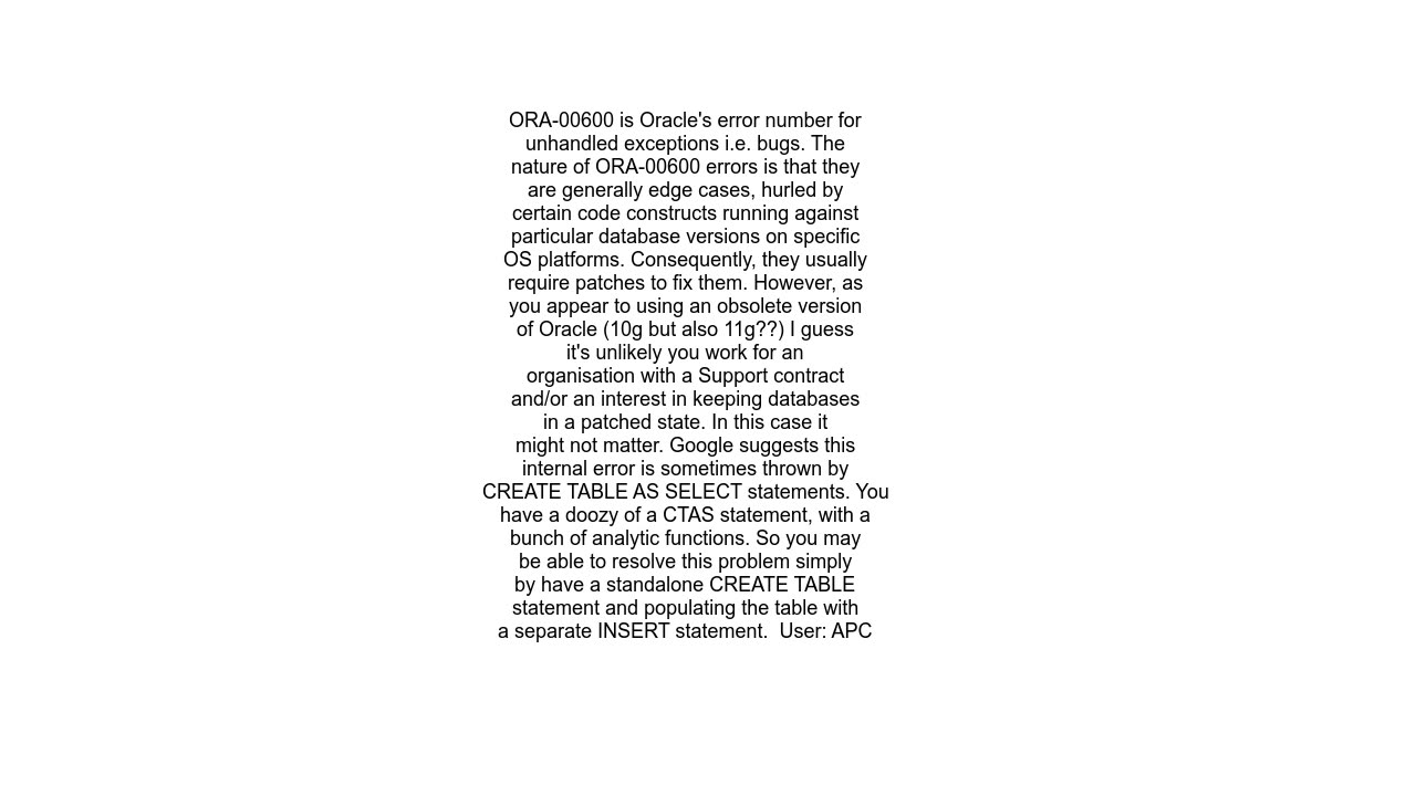 Execution 28 6 ORA00600 internal error code arguments