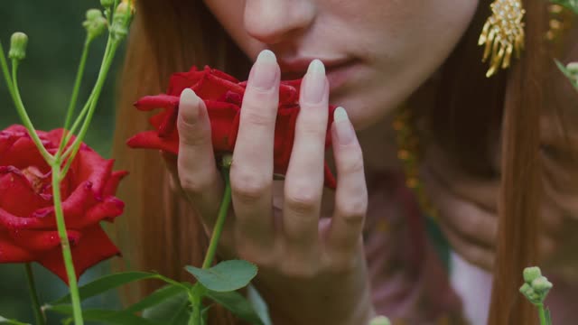 woman-smelling-red-roses