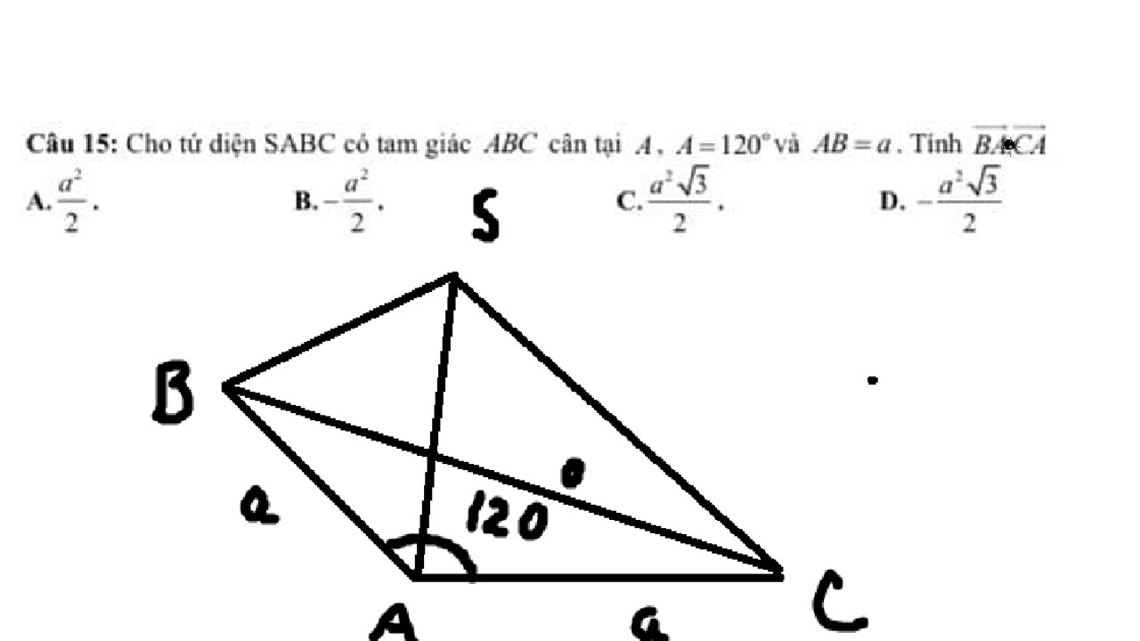 Toán 10: Cho tứ diện SABC có tam giác ABC cân tại A, A=120 và AB=a. VectorAB,VectorCA