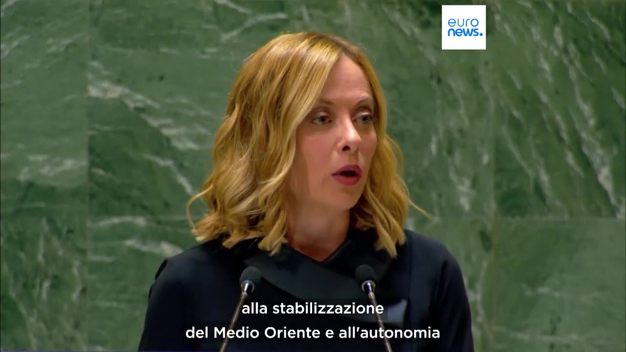 Lady Aspen Merdoni detta Giorgia all' 79ma Assemblea generale dell'ONU a New York dichiara sulla guerra in Medio Oriente a Gaza e in Libano; 'Israele rispetti il diritto internazionale'