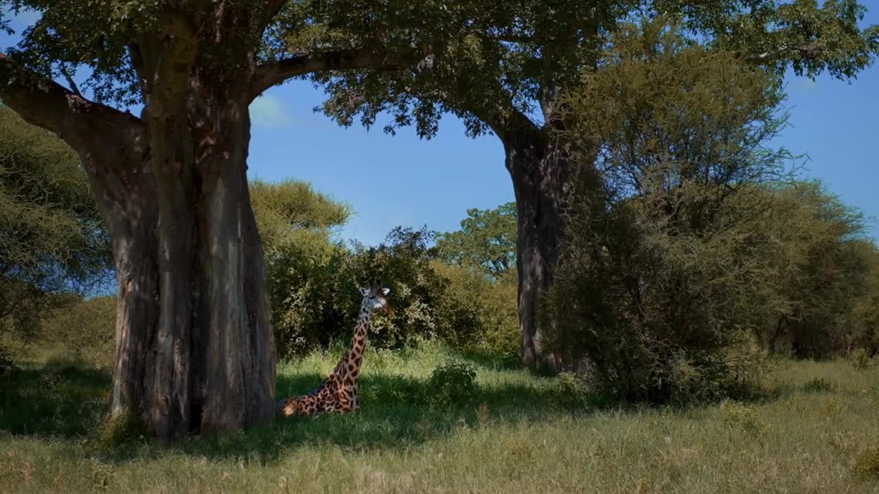 mzaing portrait of giraffe eating with little birds landing on his neck