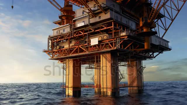 03014 Animation of an offshore oil platform. Fly-through shot.