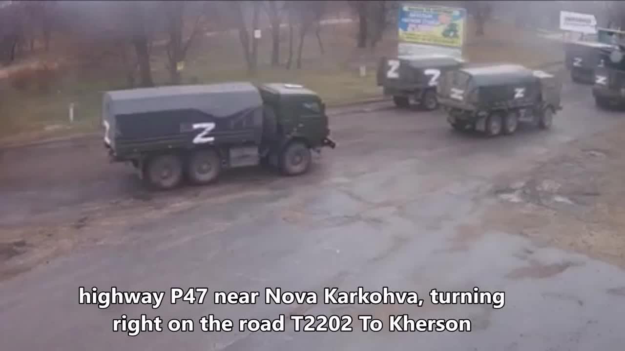 RF On The Highway P47 Near Nova Karkohva Redeploying To Kherson Lots Of Trucks