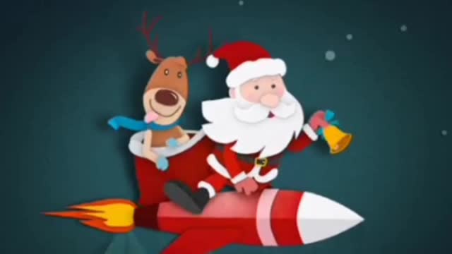 SANTA CLAUS FLYING ROCKET AND RINGING WELL TO WISHING HAPPY CHRISTMAS.