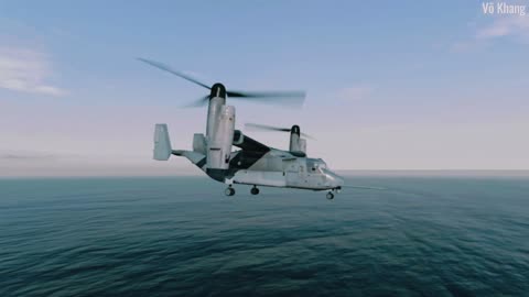 Rhe MV-22 Osprey transport helicopter transforms shape while flying