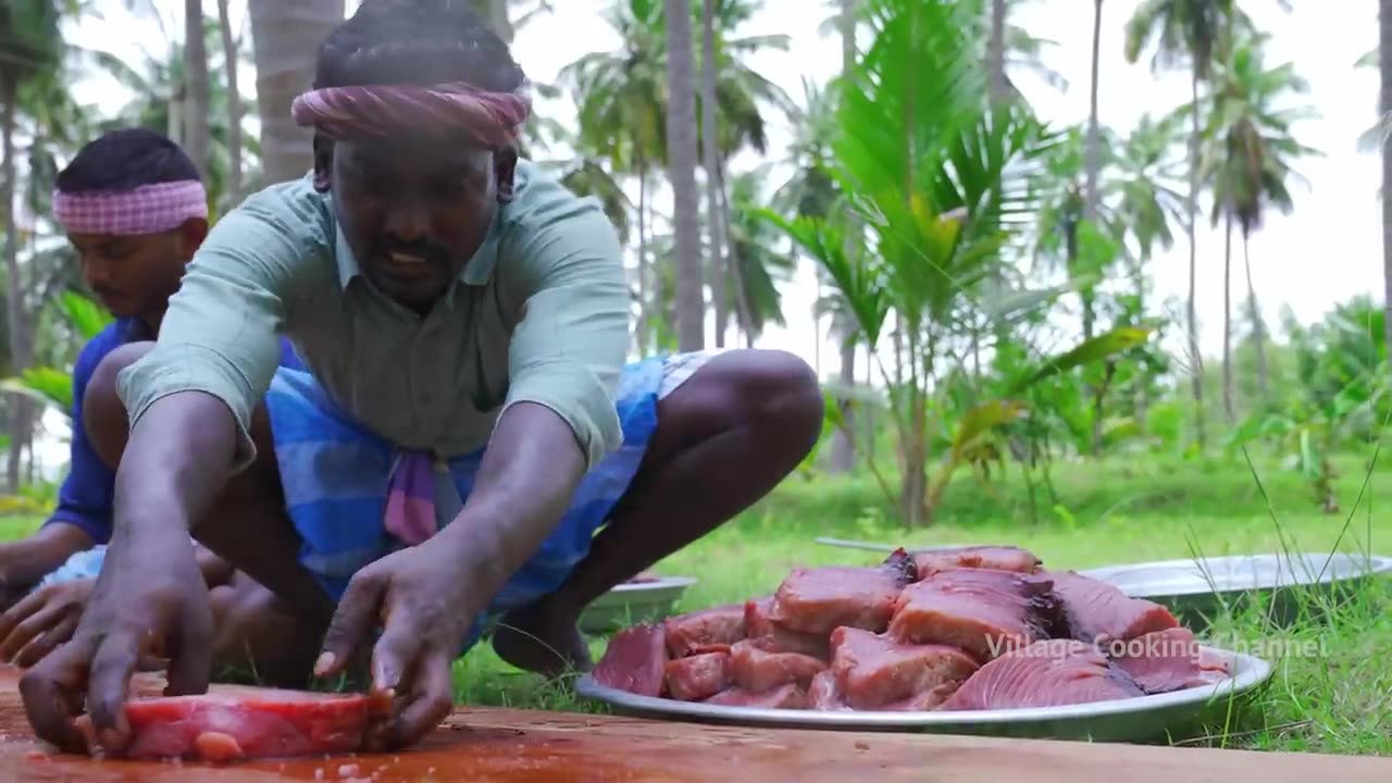 200 Pounds BIG TUNA FISH _ Tuna Fish Cutting and Cooking in Village _ Tuna Fish Steak Recipe