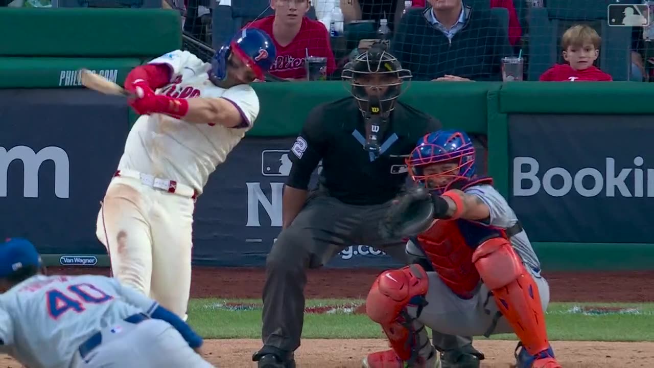 Bryce Harper homers putting Phillies on the board against New York Mets game 2.