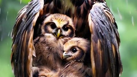 Mother Owl Sheltering Her Chicks from the Rain | Heartwarming Nature Moment