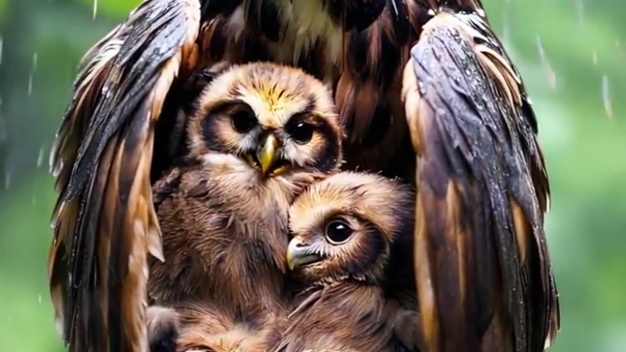 Mother Owl Sheltering Her Chicks from the Rain | Heartwarming Nature Moment